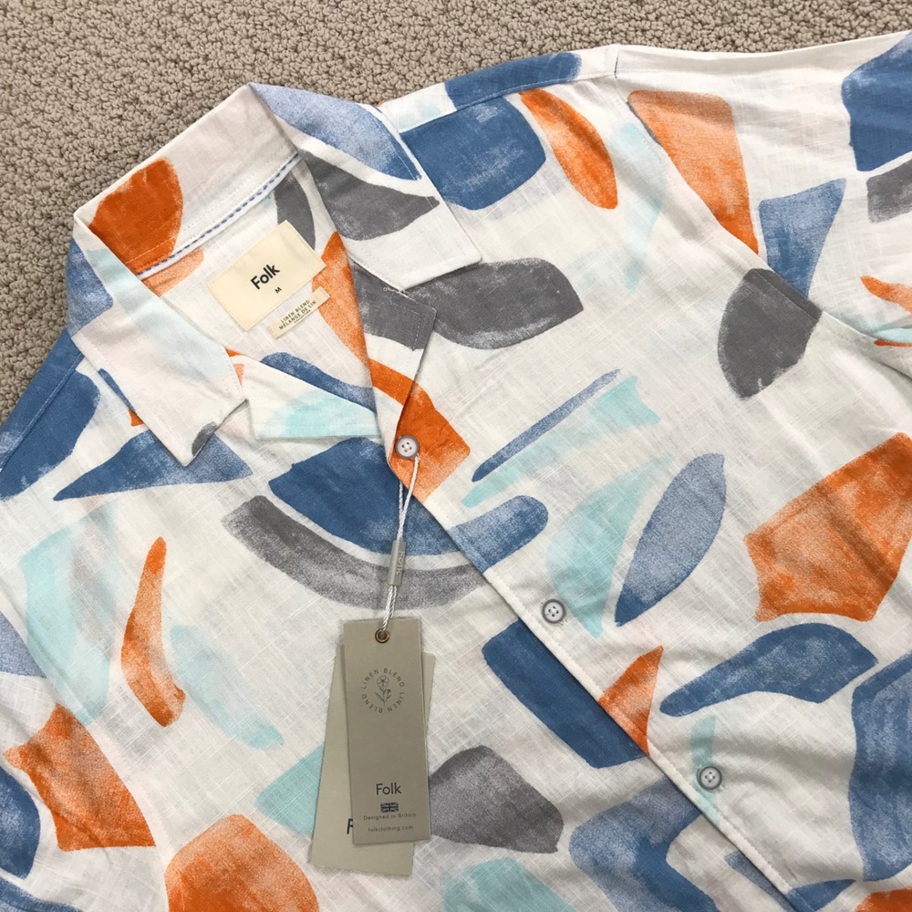 Folk Mens Abstract Geometric Linen Blend Short Sleeve Button Down Shirt White M